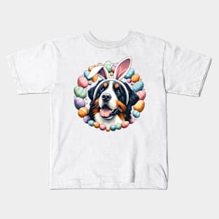 Estrela Mountain Dog Welcomes Easter with Bunny Ears Kids T-Shirt